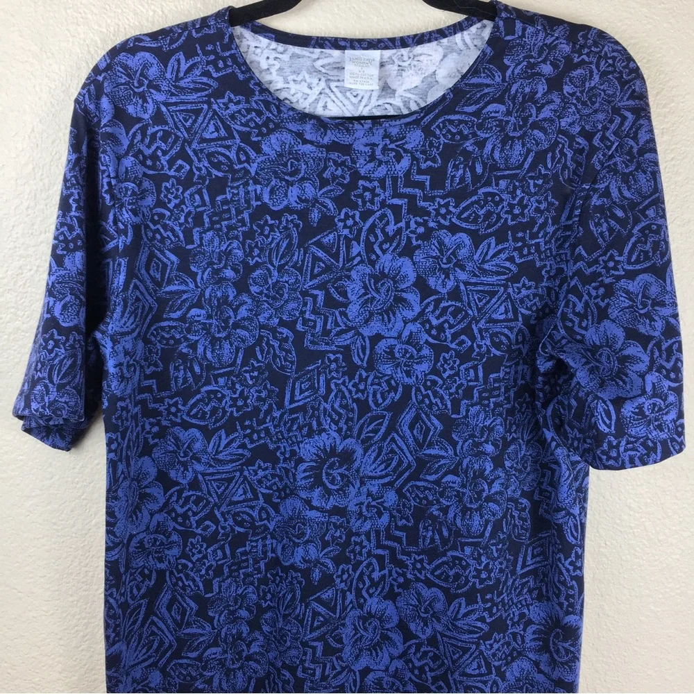 Land's End Navy Blue Floral Short Sleeve Stretch Cotton Made USA Dress Size S